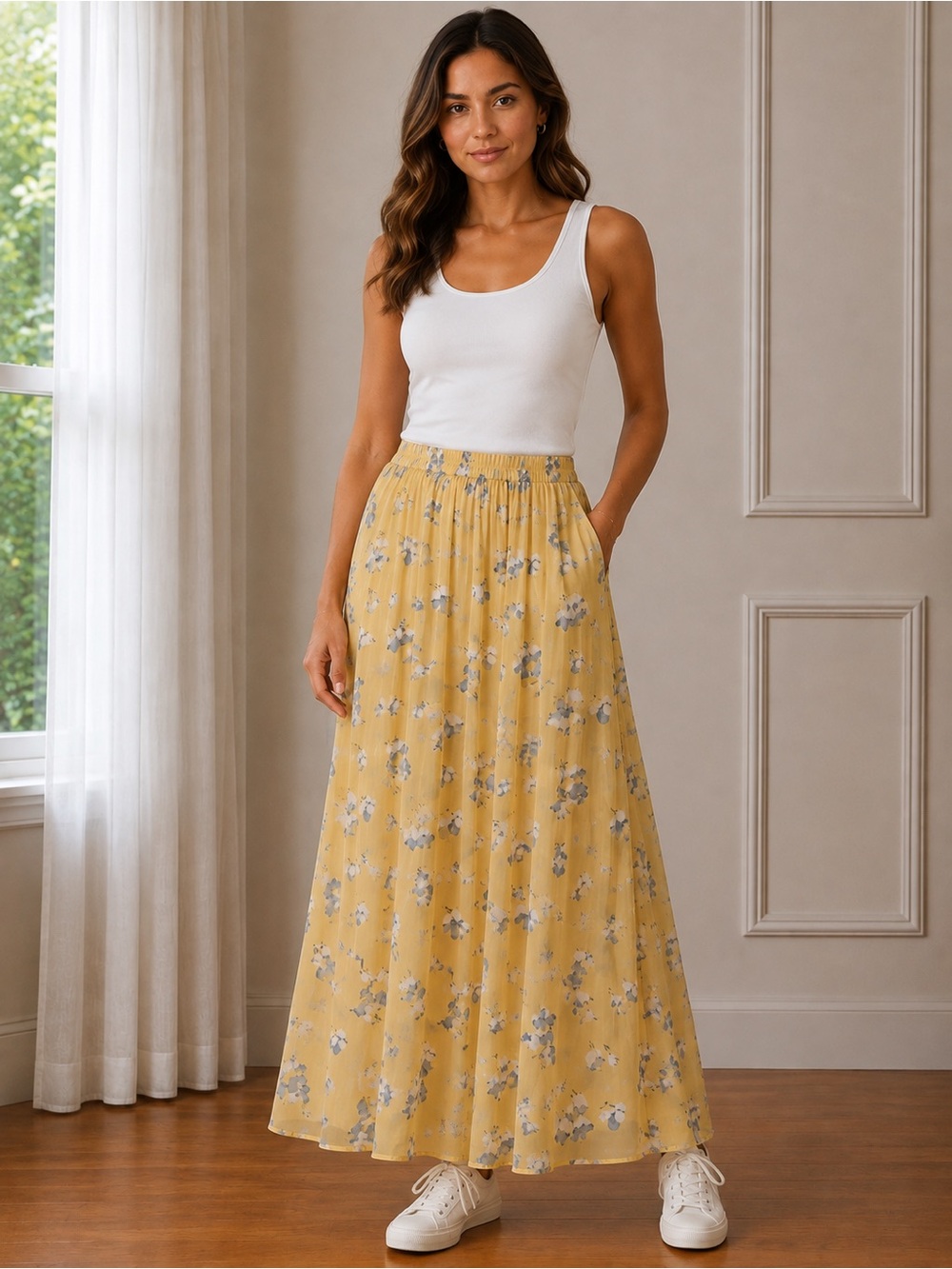 Chaps Yellow Maxi Skirt with Blue Floral Print